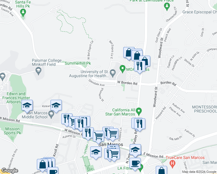 map of restaurants, bars, coffee shops, grocery stores, and more near 267 Glendale Avenue in San Marcos