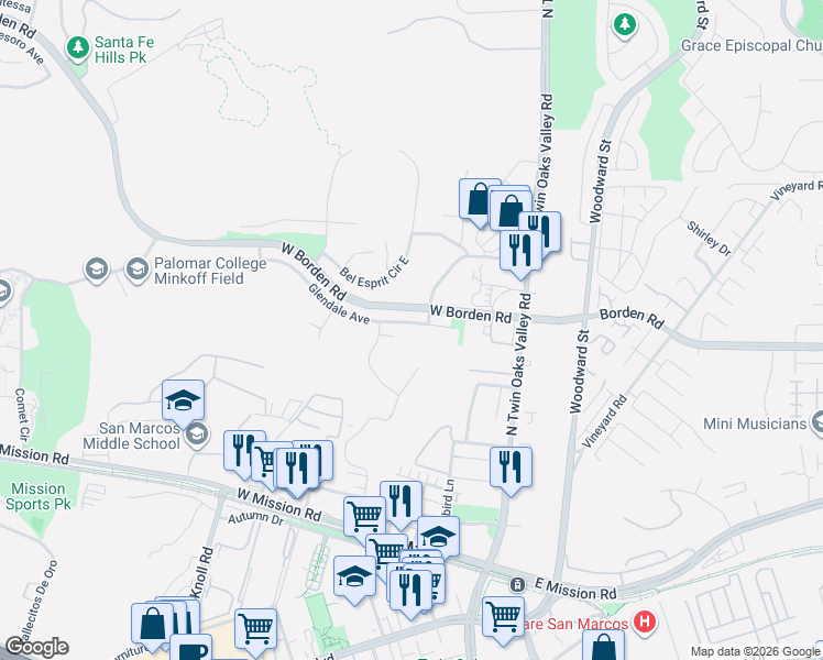 map of restaurants, bars, coffee shops, grocery stores, and more near 263 Glendale Avenue in San Marcos