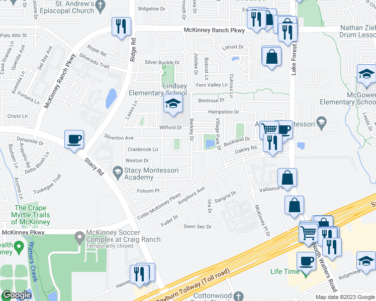 map of restaurants, bars, coffee shops, grocery stores, and more near 4920 Berkley Drive in McKinney