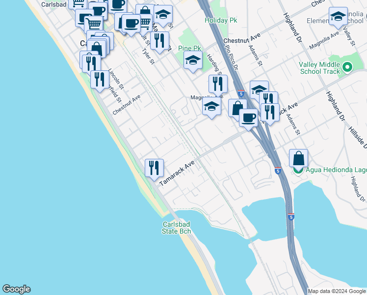 map of restaurants, bars, coffee shops, grocery stores, and more near 320 Redwood Avenue in Carlsbad