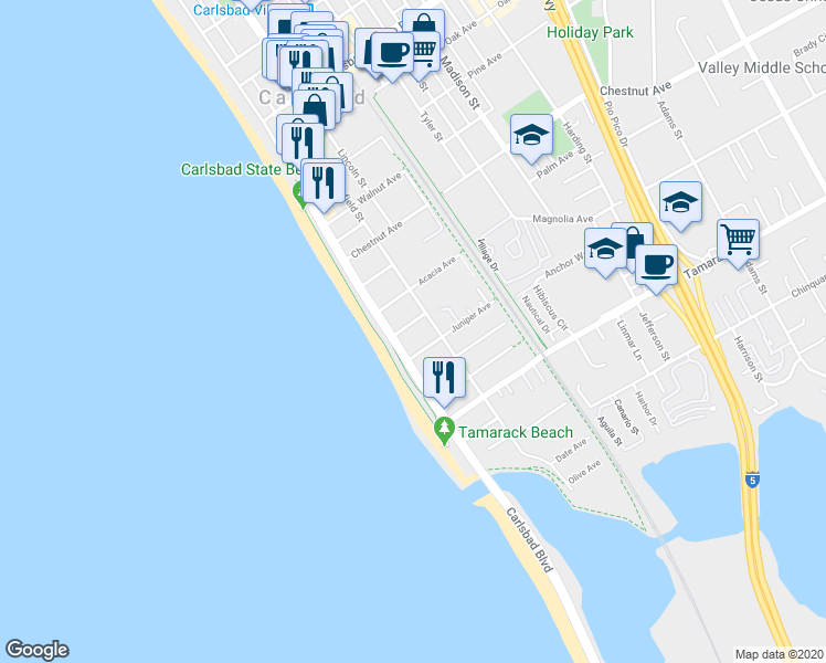 map of restaurants, bars, coffee shops, grocery stores, and more near 138 Juniper Avenue in Carlsbad