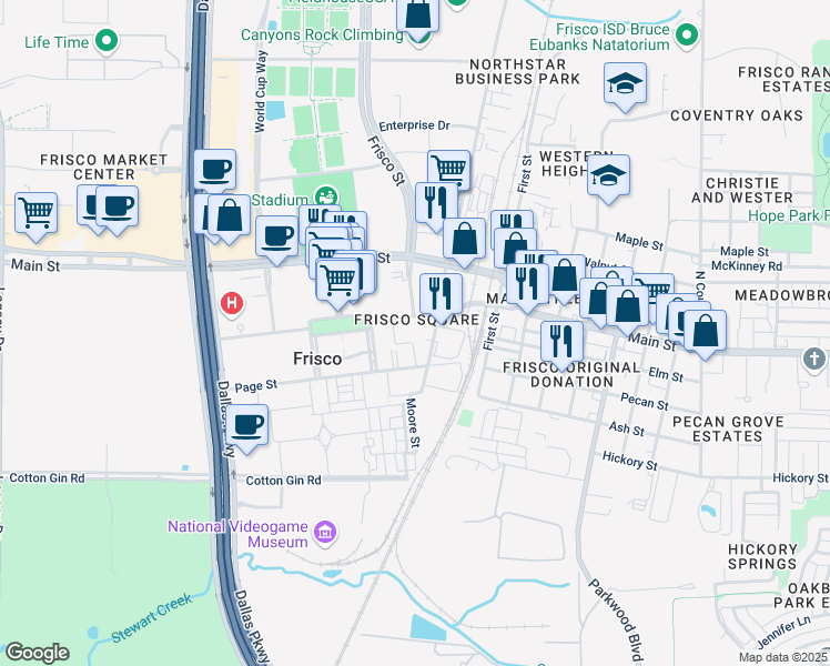 map of restaurants, bars, coffee shops, grocery stores, and more near 8529 Library Street in Frisco
