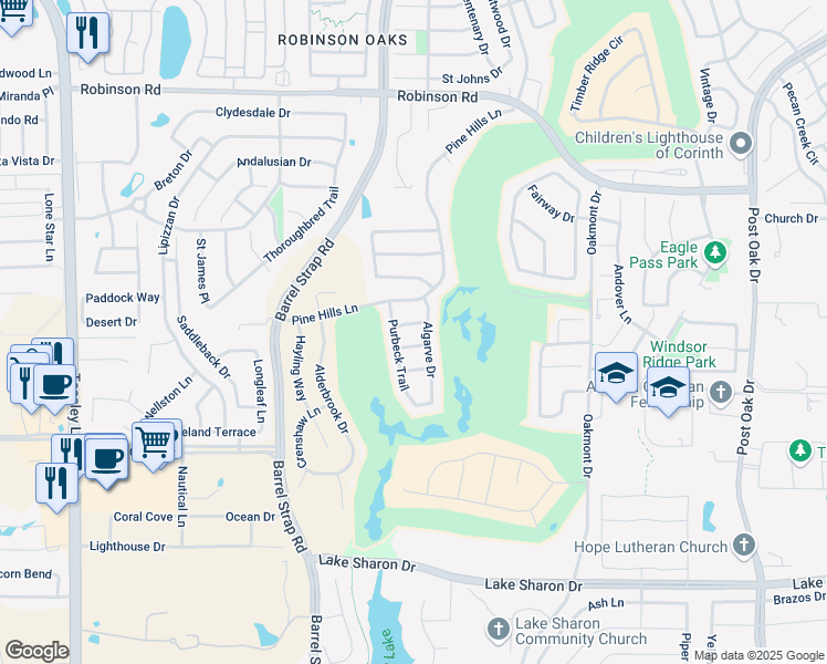 map of restaurants, bars, coffee shops, grocery stores, and more near 3904 Pineoak Lane in Denton