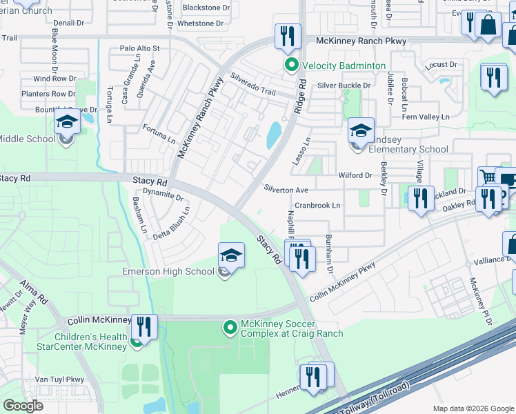 map of restaurants, bars, coffee shops, grocery stores, and more near 5960 Stacy Road in McKinney