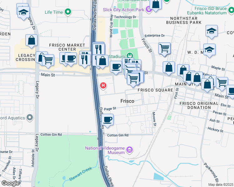 map of restaurants, bars, coffee shops, grocery stores, and more near 5650 Frisco Square Boulevard in Frisco