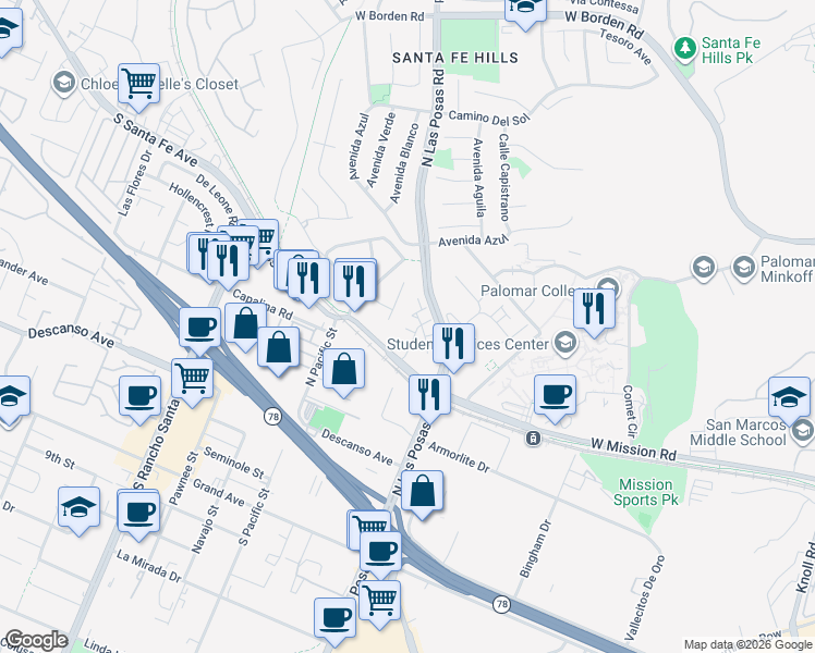 map of restaurants, bars, coffee shops, grocery stores, and more near 1807 Saltbush Drive in San Marcos