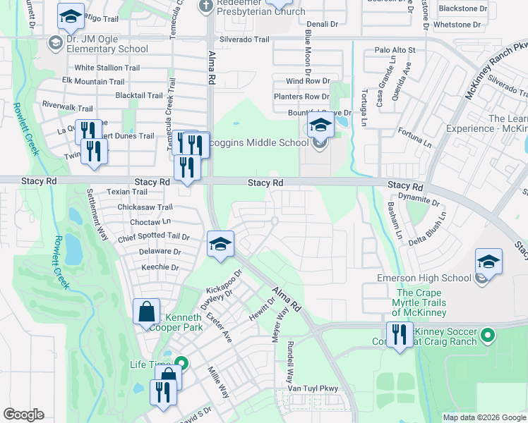 map of restaurants, bars, coffee shops, grocery stores, and more near 7109 Chief Spotted Tail Drive in McKinney