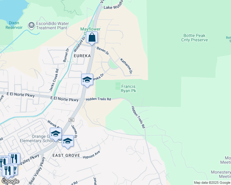 map of restaurants, bars, coffee shops, grocery stores, and more near 390 Hidden Trails Road in Escondido