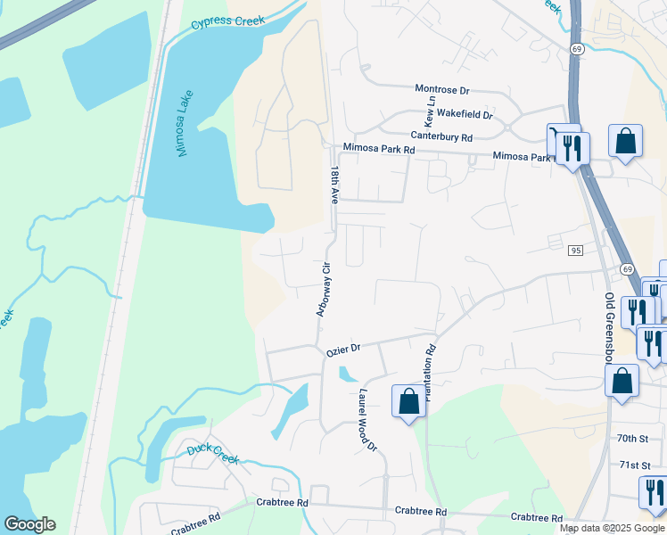 map of restaurants, bars, coffee shops, grocery stores, and more near 1610 Arborway Circle in Tuscaloosa