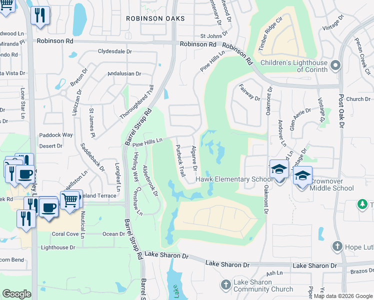 map of restaurants, bars, coffee shops, grocery stores, and more near 3904 Stone Oak Boulevard in Corinth