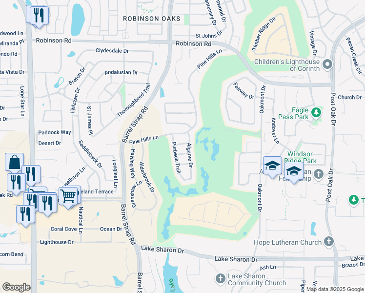 map of restaurants, bars, coffee shops, grocery stores, and more near 3904 Pineoak Lane in Denton