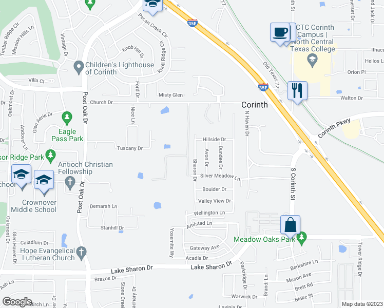 map of restaurants, bars, coffee shops, grocery stores, and more near 1810 Sharon Dr in Corinth