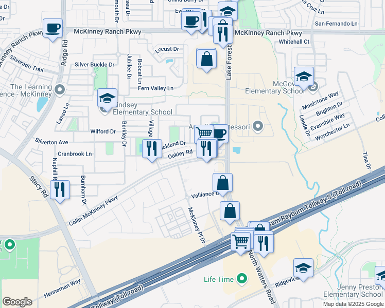 map of restaurants, bars, coffee shops, grocery stores, and more near 5301 Oakley Road in McKinney
