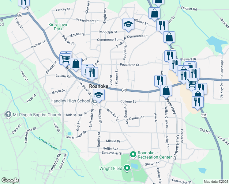 map of restaurants, bars, coffee shops, grocery stores, and more near 607 Main Street in Roanoke
