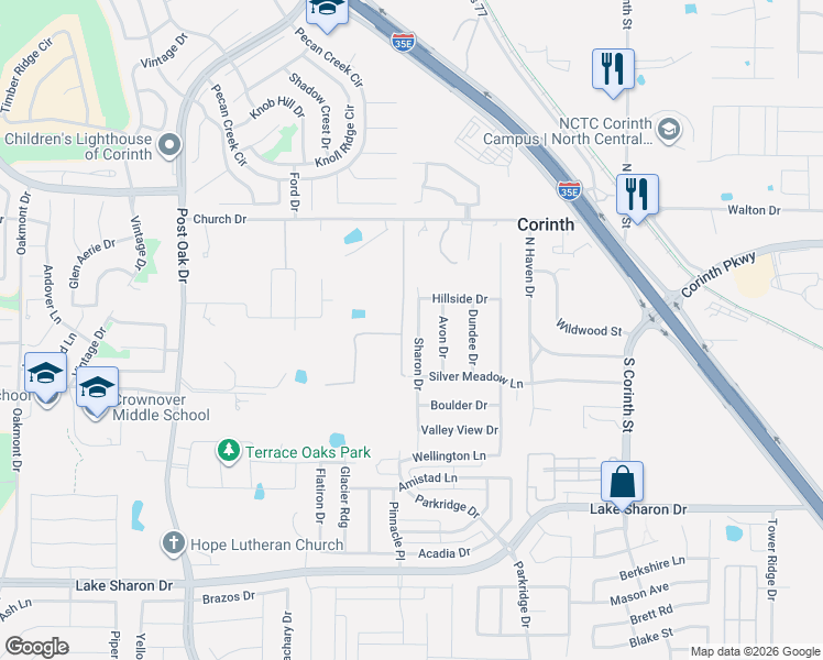 map of restaurants, bars, coffee shops, grocery stores, and more near 1810 Sharon Drive in Corinth