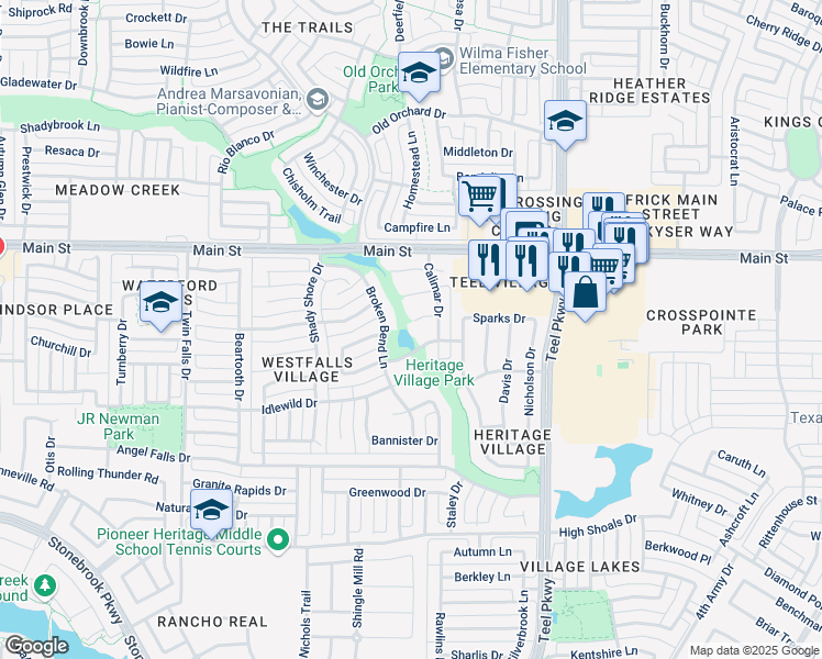 map of restaurants, bars, coffee shops, grocery stores, and more near 2450 Crystal Falls Drive in Frisco