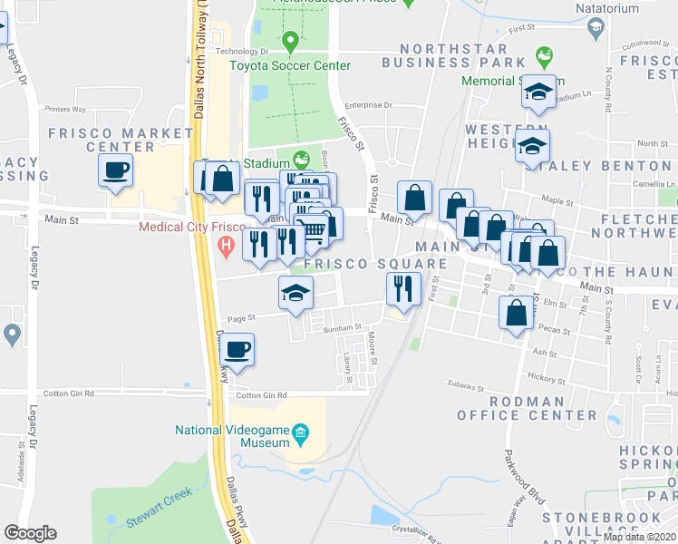 map of restaurants, bars, coffee shops, grocery stores, and more near 6259 Frisco Square Boulevard in Frisco