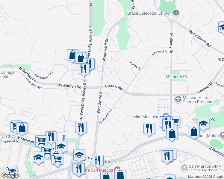 map of restaurants, bars, coffee shops, grocery stores, and more near 604 Sirginson Road in San Marcos