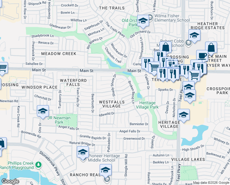 map of restaurants, bars, coffee shops, grocery stores, and more near 8595 Ventura Lane in Frisco