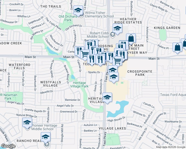 map of restaurants, bars, coffee shops, grocery stores, and more near 8593 Marion Drive in Frisco
