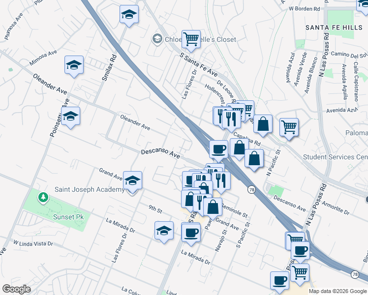 map of restaurants, bars, coffee shops, grocery stores, and more near 3474 Descanso Avenue in San Marcos