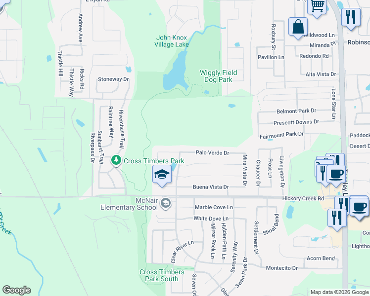 map of restaurants, bars, coffee shops, grocery stores, and more near 1305 Palo Verde Drive in Denton