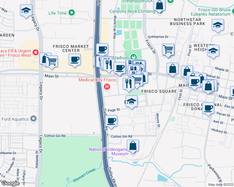map of restaurants, bars, coffee shops, grocery stores, and more near 5680 Frisco Square Boulevard in Frisco