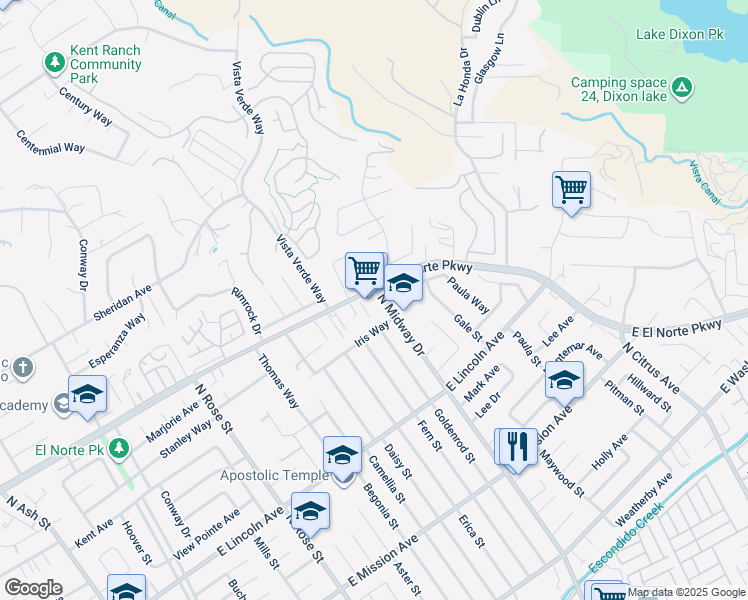 map of restaurants, bars, coffee shops, grocery stores, and more near 1935 East El Norte Parkway in Escondido