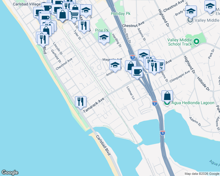 map of restaurants, bars, coffee shops, grocery stores, and more near 3865 Hibiscus Circle in Carlsbad