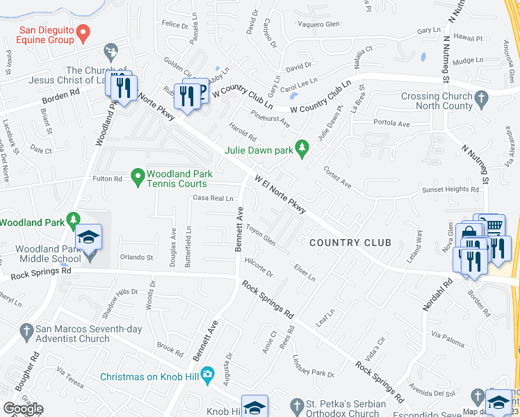 map of restaurants, bars, coffee shops, grocery stores, and more near 2132 Krystal Place in Escondido