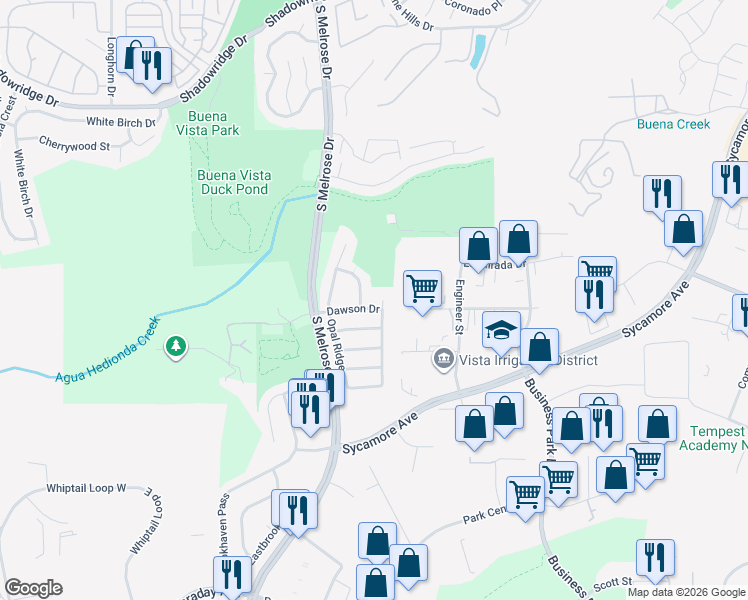 map of restaurants, bars, coffee shops, grocery stores, and more near 2038 Ridgeline Avenue in Vista