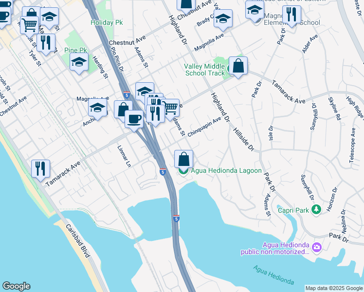 map of restaurants, bars, coffee shops, grocery stores, and more near 4031 Bluff View Way in Carlsbad