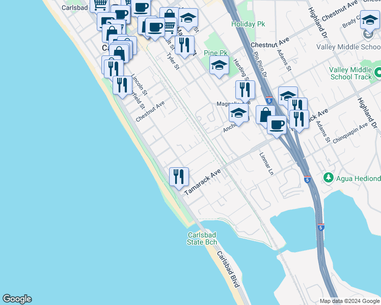 map of restaurants, bars, coffee shops, grocery stores, and more near 3770 Garfield Street in Carlsbad