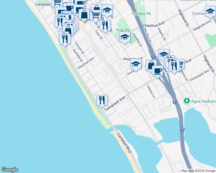 map of restaurants, bars, coffee shops, grocery stores, and more near 3770 Garfield Street in Carlsbad