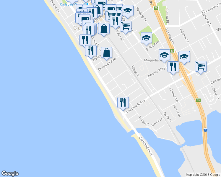 map of restaurants, bars, coffee shops, grocery stores, and more near 3570 Carlsbad Boulevard in Carlsbad