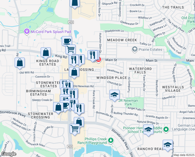 map of restaurants, bars, coffee shops, grocery stores, and more near 643 Kimblewick Drive in Frisco