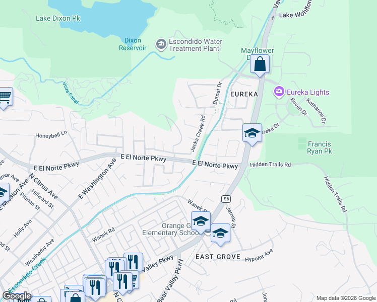 map of restaurants, bars, coffee shops, grocery stores, and more near 609 Jacks Creek Road in Escondido