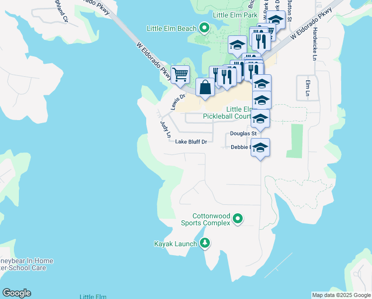 map of restaurants, bars, coffee shops, grocery stores, and more near 1322 Shell Beach Drive in Little Elm