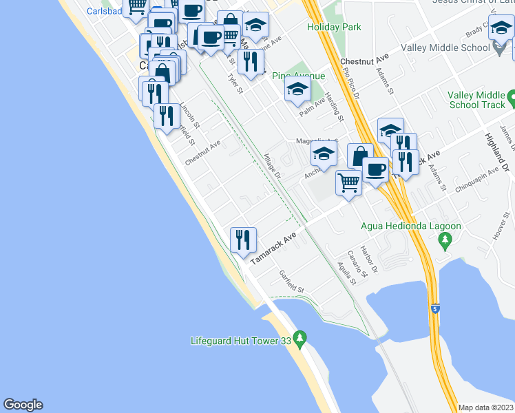 map of restaurants, bars, coffee shops, grocery stores, and more near 3770 Garfield Street in Carlsbad