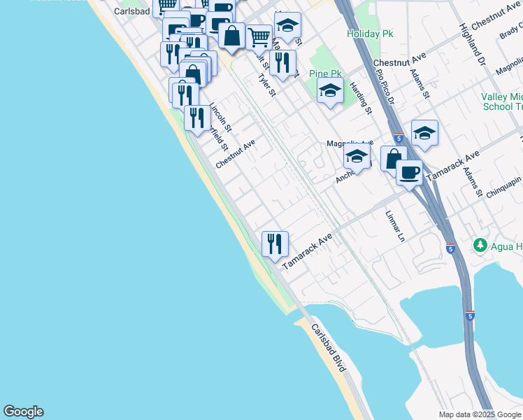 map of restaurants, bars, coffee shops, grocery stores, and more near 187 Cherry Avenue in Carlsbad