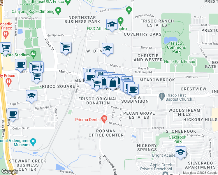 map of restaurants, bars, coffee shops, grocery stores, and more near 6990 Main Street in Frisco
