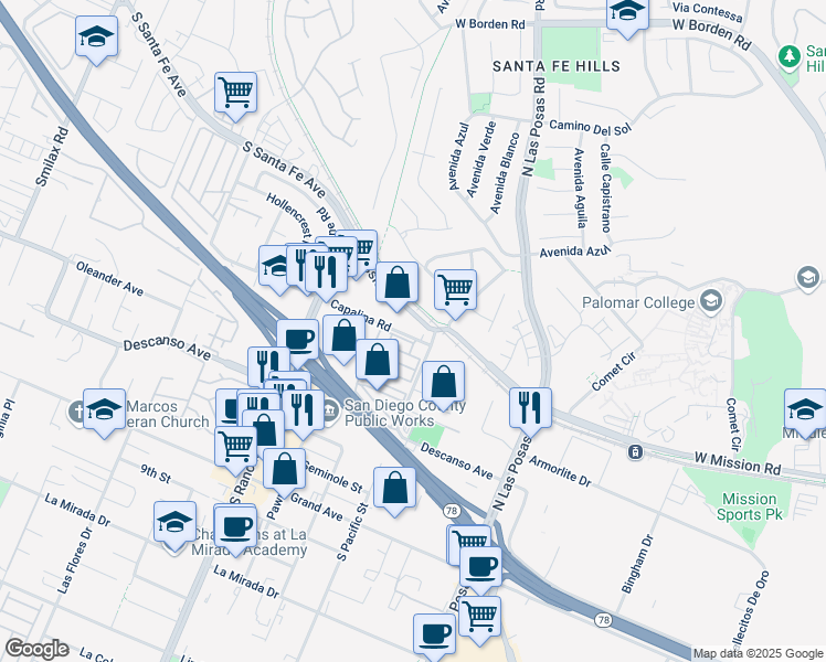 map of restaurants, bars, coffee shops, grocery stores, and more near 1547 West Mission Road in San Marcos