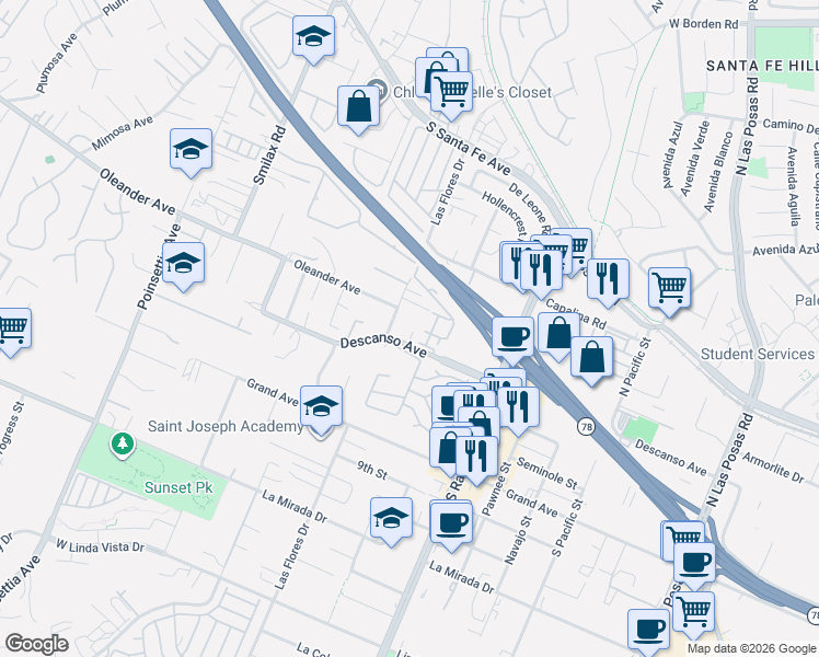 map of restaurants, bars, coffee shops, grocery stores, and more near 344 Las Flores Drive in San Marcos