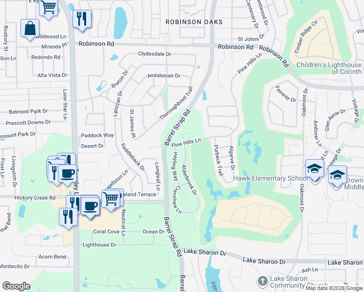 map of restaurants, bars, coffee shops, grocery stores, and more near 6600 Alderbrook Drive in Denton