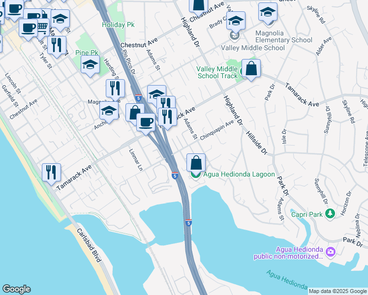 map of restaurants, bars, coffee shops, grocery stores, and more near 1050 Chinquapin Avenue in Carlsbad