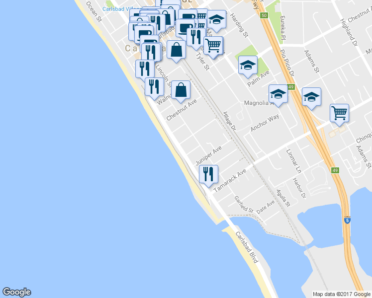 map of restaurants, bars, coffee shops, grocery stores, and more near 3490 Carlsbad Boulevard in Carlsbad
