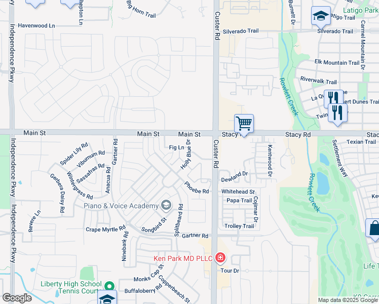 map of restaurants, bars, coffee shops, grocery stores, and more near Main Street in Frisco