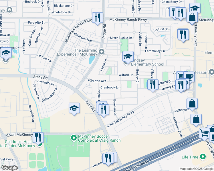 map of restaurants, bars, coffee shops, grocery stores, and more near 5920 Silverton Avenue in McKinney