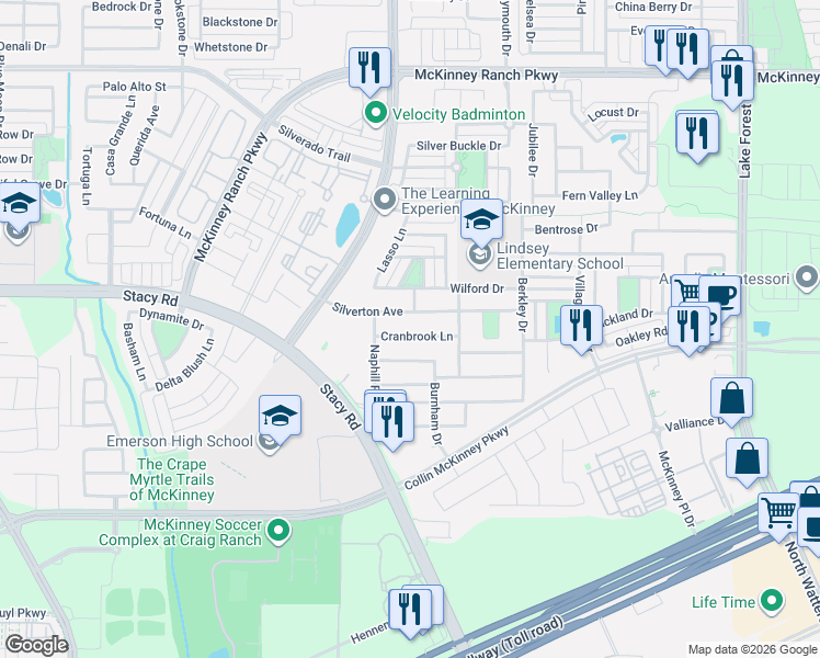 map of restaurants, bars, coffee shops, grocery stores, and more near 5824 Silverton Avenue in McKinney