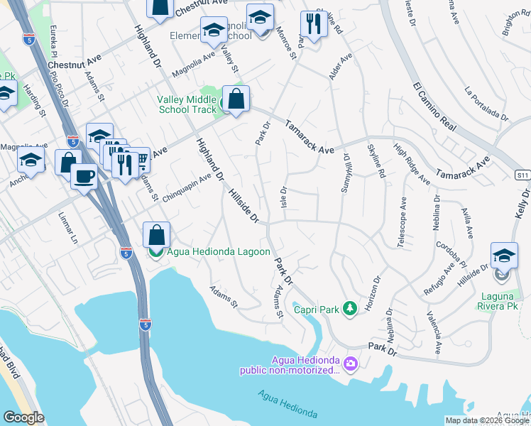 map of restaurants, bars, coffee shops, grocery stores, and more near 4190 Parkside Place in Carlsbad